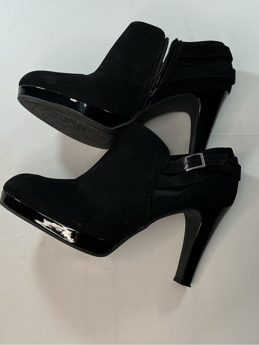 Unlisted by Kenneth Cole Black Suede Ankle Booties with Patent Trim